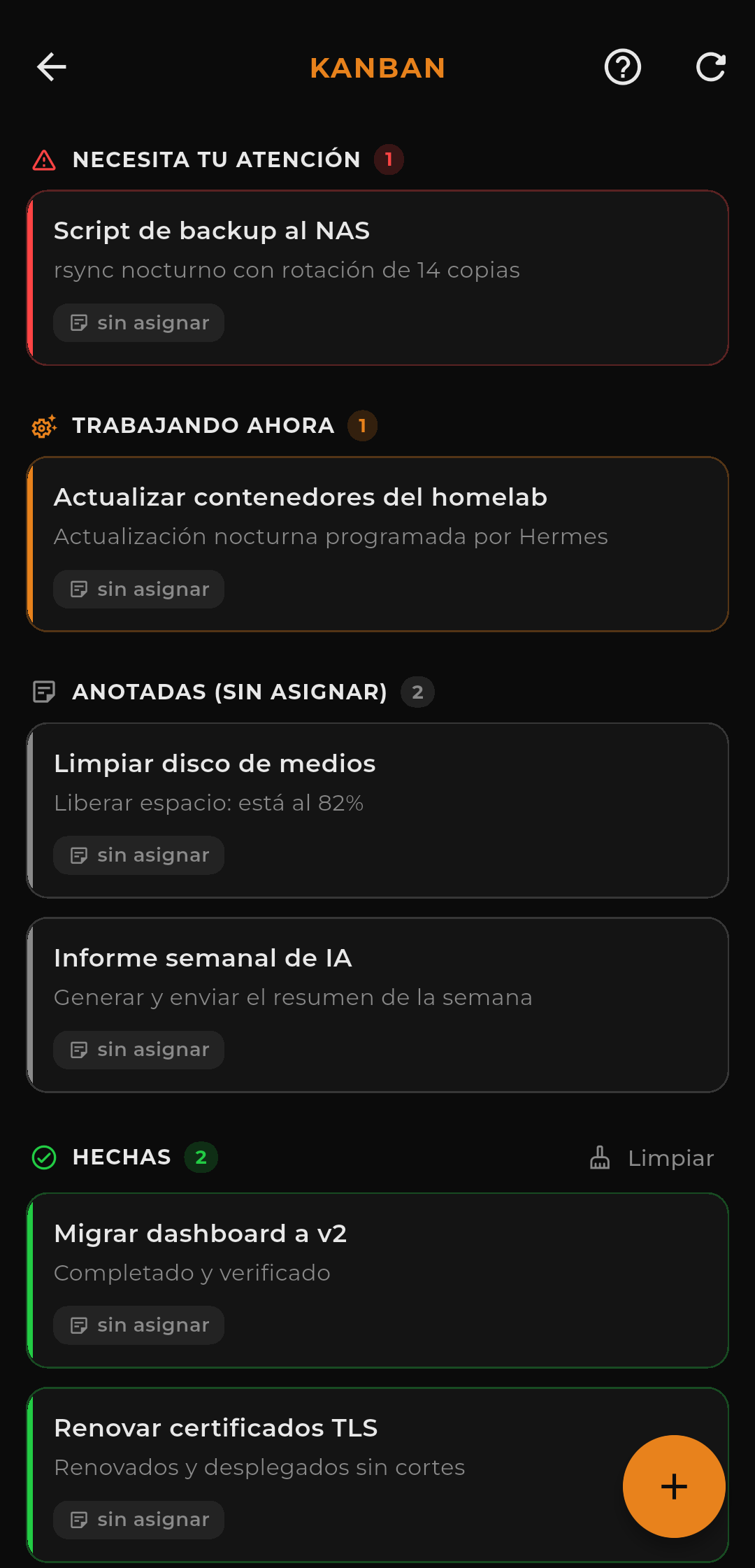 Kanban del agente en Hermes Console