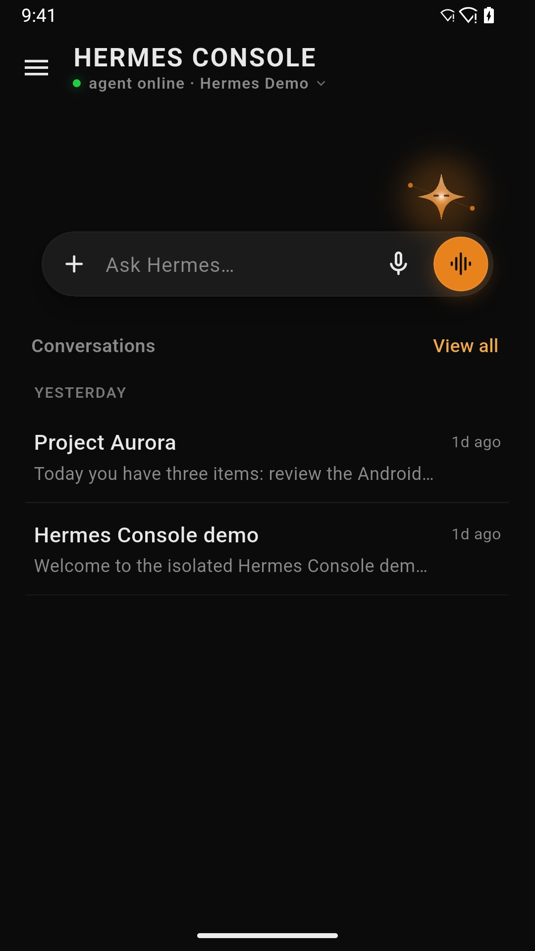 Inicio ficticio de Project Aurora con Spark en Hermes Console